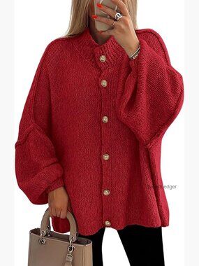 Chunky Knit Cardigan Sweater Mock Neck Lantern Sleeve Button Down Winter